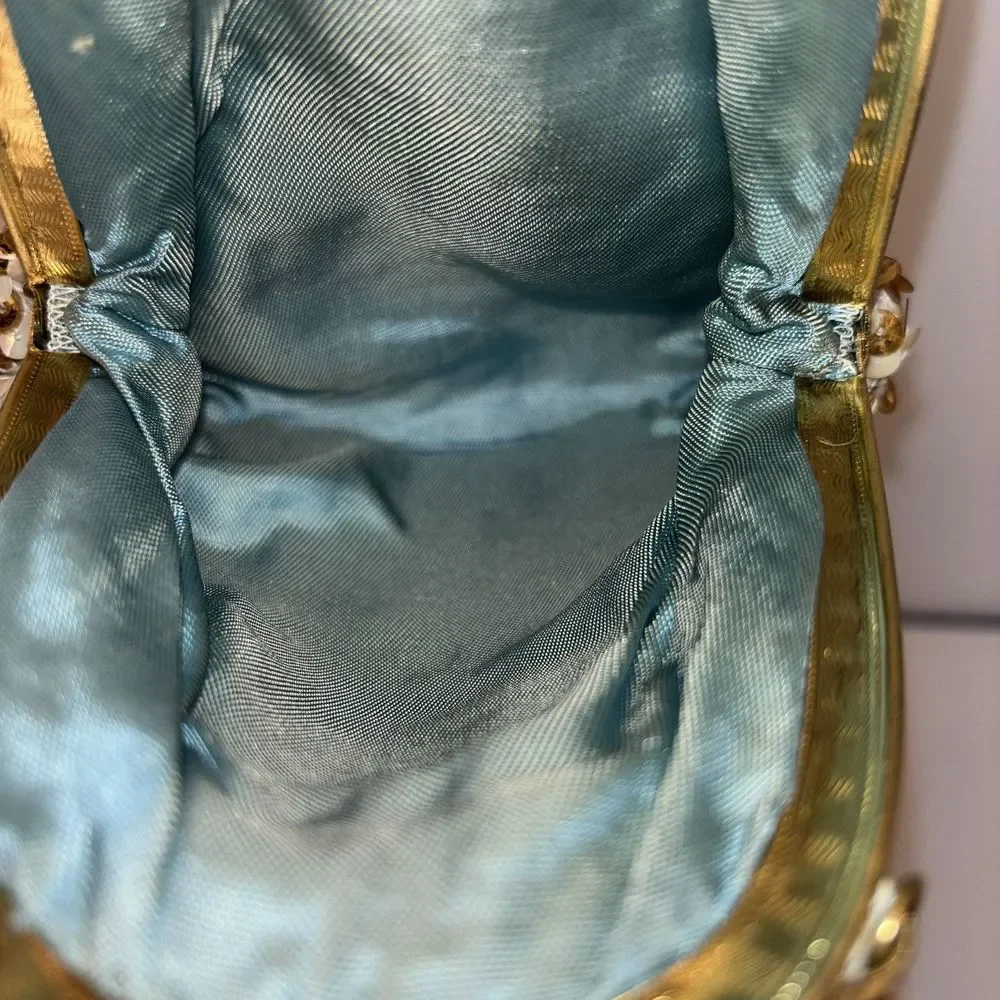 Vintage 1950s Sequin Evening Bag Gold-Iridescent White Metal‎ Frame Purse